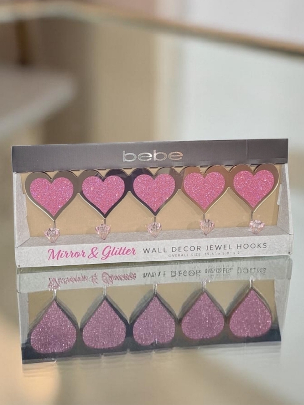 bebe Pink Mirror & Glitter Heart Wall Decor Jewel Hooks